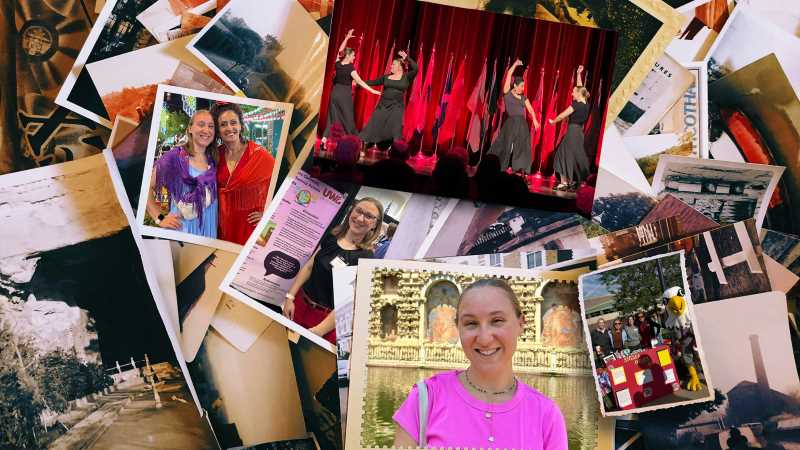 A collage of photographs highlights key moments in Kaleigh Kunkel’s college journey, including studying abroad, performing a flamenco dance at the UWL International Banquet, presenting undergraduate research and participating in a student honor society. 