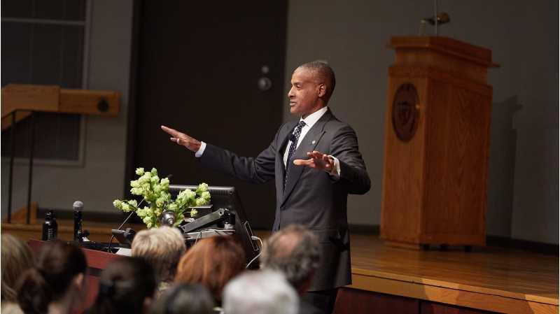 Jim Reynolds, ’77, has been selected for the  Lincoln Leadership Prize, a prestigious award previously won by Bill Clinton, George W. Bush, Sandra Day O'Connor and other luminaries. He is pictured here during a 2017 speaking engagement at UWL.