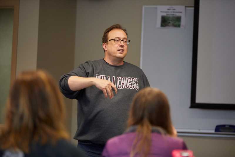 Assistant Professor Brian E. Kumm-Schaley, shown here leading the rec class in 2019, says students have had to become creative while planning community activities this fall. Changes have included adapting communication strategies, while maintaining a sense of humor. “It has definitely been challenging, but it has also been an opportunity,” he says. 