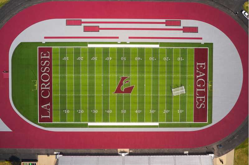 An aerial of the final project complete with UWL colors, maroon and gray.