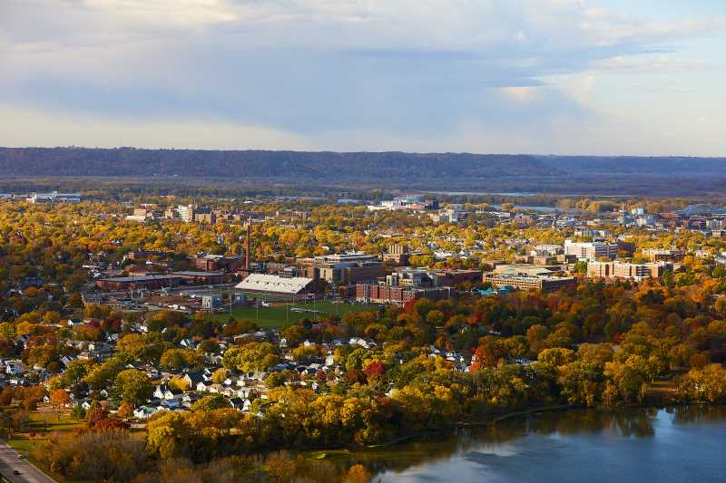 A view of UW-La Crosse in fall as the leaves begin to peak.