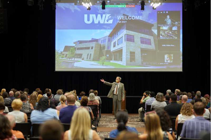 Joe Gow addresses faculty and staff Wednesday, Sept. 1, during his opening remarks for the fall semester. Gow announced three new diversity and inclusion initiatives, including a proposal to name the Student Union and the Center for the Arts in honor of two outstanding UWL alumni of color.