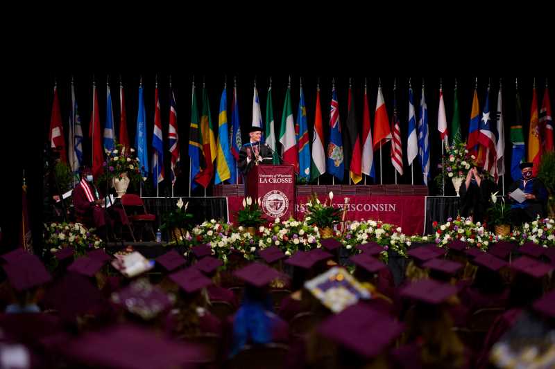 Chancellor Gow speaking at one of the spring 2021 commencement ceremonies 