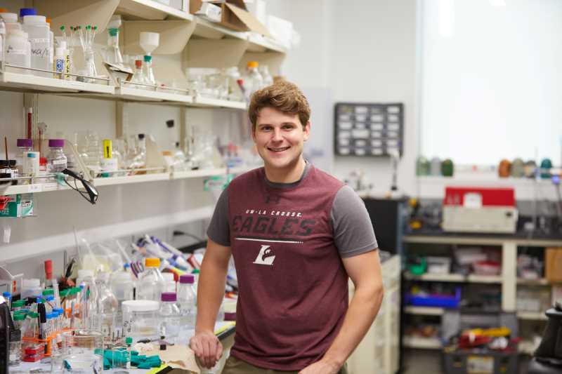 UW-La Crosse senior Jason Martin took first place in the second of three Student Research & Innovation Showcases at the WiSys SPARK Symposium on June 9. Martin's research explores how scientists can use electrochemistry to coat steel plates with zinc while controlling the properties of the zinc film (hardness and roughness, for example) by altering the electric source.