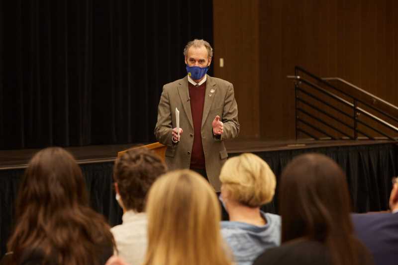 UW-La Crosse Chancellor Joe Gow gives his opening remarks for the spring semester Wednesday, Jan. 19, in the Bluffs room of the Student Union. Gow announced the largest donation in school history — a $2.2 million estate gift from Bill and Yvonne Hyde, supporting the English Department and Murphy Library. 