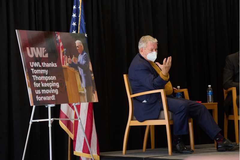 UW System Interim President Tommy Thompson began his visit to UWL Monday, Feb. 28, with a question-and-answer session with Chancellor Joe Gow, attended by campus and community leaders.