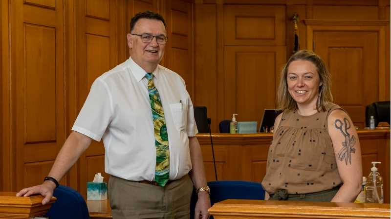 La Crosse County Circuit Judge Scott Horne and UWL Associate Professor Lisa Kruse. This spring, Kruse's Methods of Social Research I students developed a system for tracking the effectiveness of the county's Drug Treatment Court, which seeks to help those who have committed drug-related offenses successfully reintegrate into society.