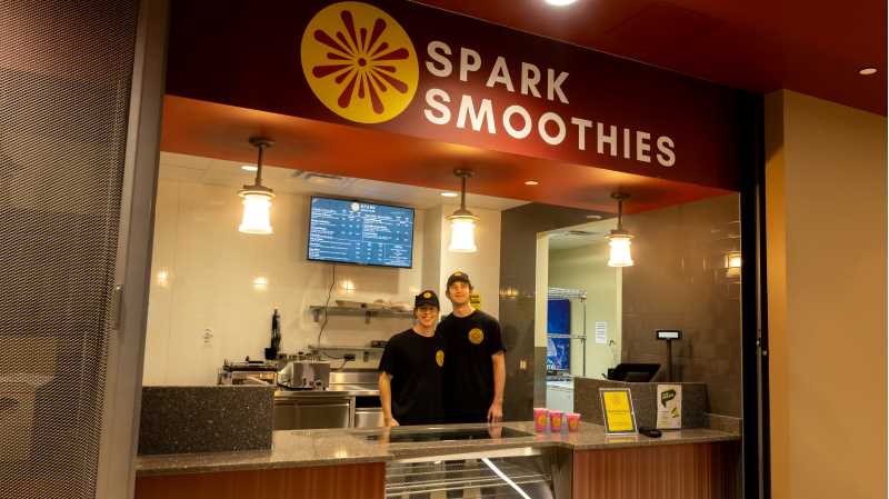 Alex Ewig (right) and Jimmy Czupryna launched Spark Smoothies with active students in mind. “We wanted something where busy and active students could come and get a smoothie to fuel them up for whatever they’re doing throughout the day,” Ewig explains.