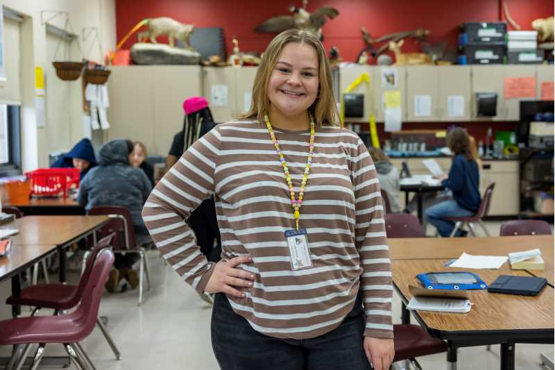 Emma Kleindl, a middle childhood-early adolescence major, used the lessons she learned at UWL to better engage with students while student teaching at Lincoln Middle School in La Crosse.