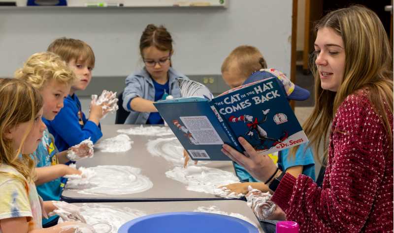 Jodi Strong’s class of 4-year-olds from the Campus Child Center participated in an hour-long lesson taught by teacher candidates Ella Salewski and Eleanor Stoelk. 