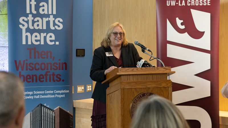 Interim Chancellor Betsy Morgan speaks to the campus community Thursday at a news conference announcing two major gifts in support of UWL's Microbiology Department and River Studies Center.