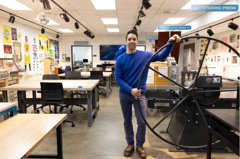 Zachary Stensen, UWL assistant professor of art, teaches drawing and print media classes. He was the visionary behind renovations to UWL’s printmaking studio. “I always think of myself as a coach with a team of students who are competing with students at other schools. Your team is at a disadvantage if they don’t have access to modern ways of working.”