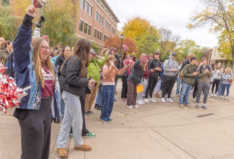 The crowd cheers as they gather around the Hoeschler Tower during the final moments of One Day for UWL in October.