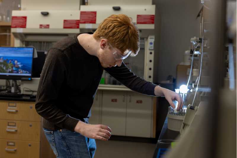 Dylan McCathie, UWL junior and biochemistry major, grows proteins in the lab in the Prairie Springs Science Center. 