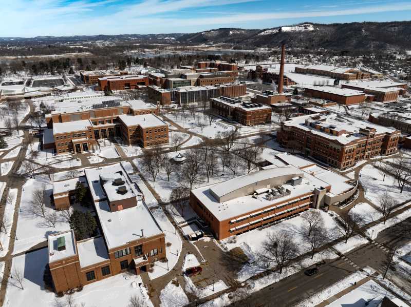 A bird's eye view of campus after a spring break blizzard.