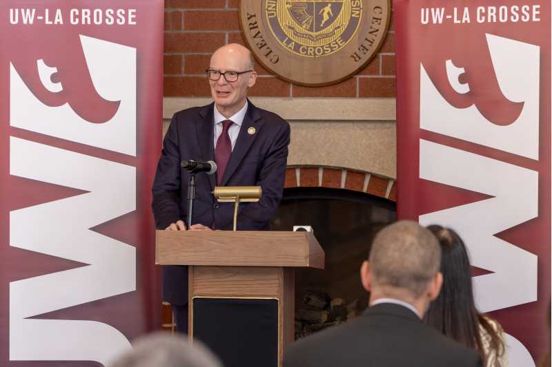 Chancellor James Beeby thanks leaders from Emplify Health by Gundersen and Mayo Clinic Health System for their longtime support of UWL during a news conference Wednesday, Feb. 11. Emplify and Mayo received the UW Regents Business Partnership Award, highlighting innovative campus-community relationships.