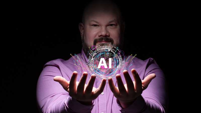 Stewart Eskew, assistant teaching professor of philosophy, heads the new AI Ethics Certificate program. Photo modified with AI assistance.