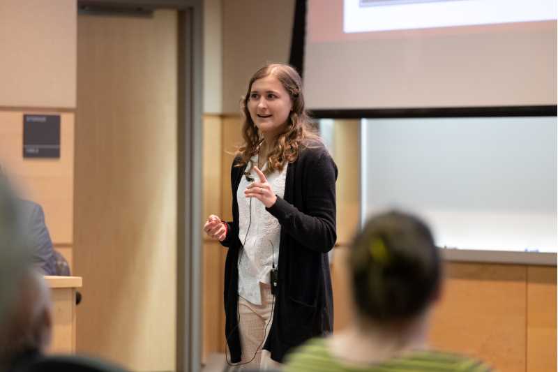 Nicole Fry, a UWL graduate student studying physical therapy, presents during the 3 Minute Grad Project event March 22. The event, hosted by UWL Graduate & Extended Learning, challenges graduate students to condense months of work into a three-minute presentation for a general audience and panel of judges.
