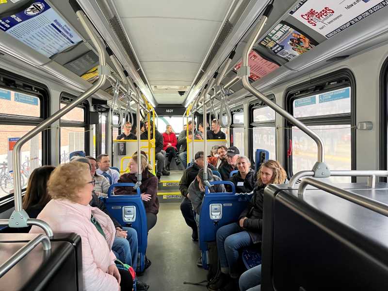 Members of the CTA taking a La Crosse Municipal Transit Utility bus to tour public transportation facilities, March 2023. Credit Susan Gaeddert.