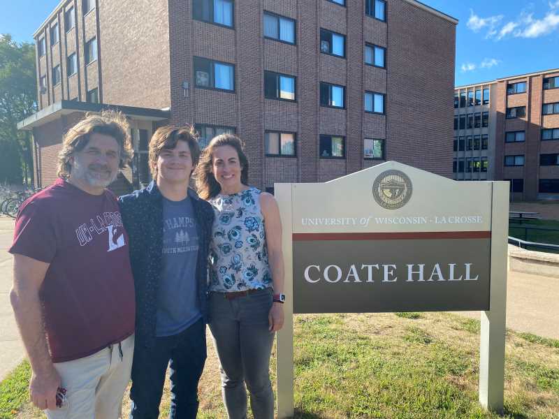 Jared Moran and his parents — Wes Moran, ‘96 & ‘98, and Laura (Hesse) Moran, ‘98 — pose for a photo during move-in earlier this month. Jared, who's from New Hampshire, is attending UWL through the Return to Wisconsin program, following in his parents' footsteps.