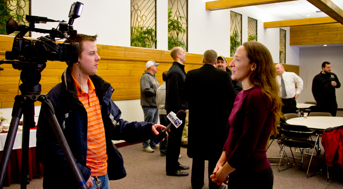 20120213HallockReception0001w Lily Hallock talking with Channel 8.