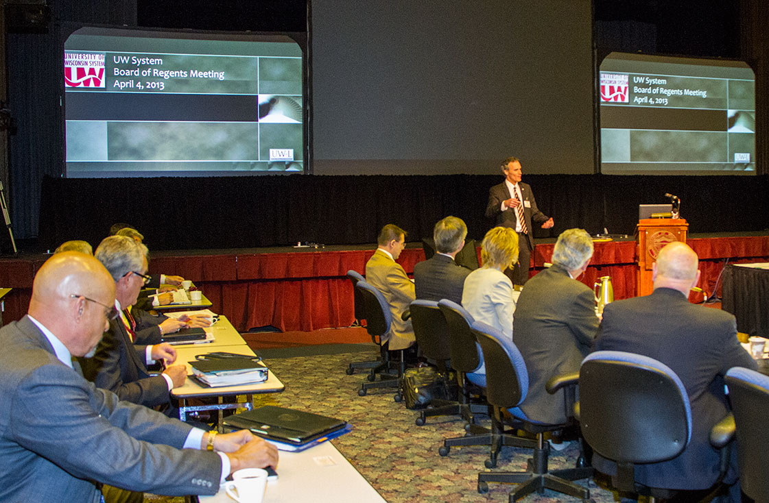 Chancellor Joe Gow talking to Board of Regents.