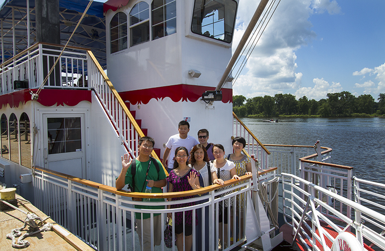 Visiting teachers from China aboard the La Crosse Queen getting ready to cruise.