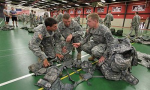 Photo of ROTC group getting ready for an inspection.