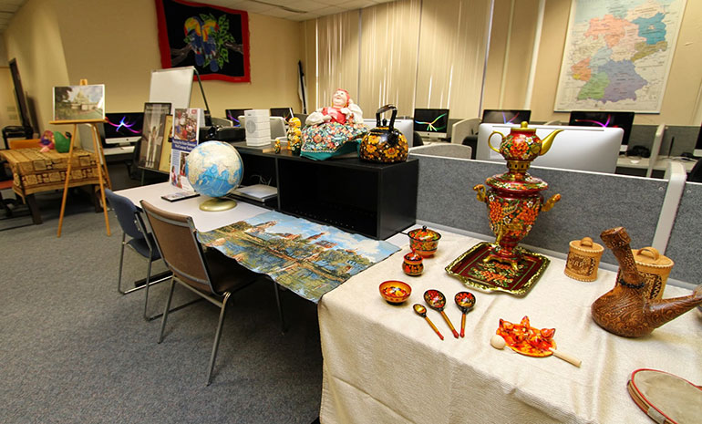 Photo of Modern Languages area with international items.