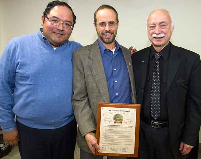 Photo of History Professor Victor M. Macías-González, 2013 winner; Biology Professor Scott Cooper, 2014 winner; and History Professor Greg Wegner, 2011 winner.  