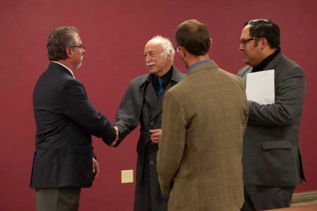 2015 Wisconsin Professor of the year Roger Haro (left) shakes hands with Greg Wegner, the winner of the award in 2011, while Victor Macias Gonzalez (right) and Scott Cooper look on. They earned the same honor in 2013 and 2014, respectively.
Read more →