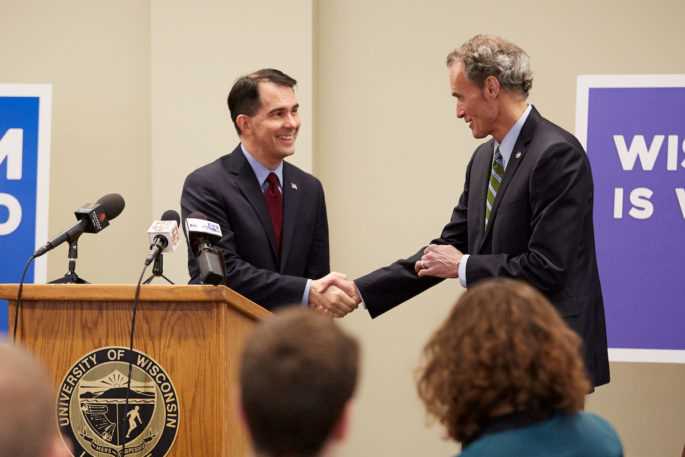 Gov. Scott Walker shakes hands with UWL Chancellor Joe Gow during a budget announcement at UWL on February 7, 2017.
Read more →
