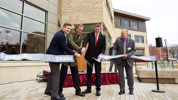 From left, UWL Student Association President Jacob Schimmel, UWL Chancellor Joe Gow, UWL Student Association Vice President Patrick Brever, and Director of University Centers Larry Ringgenberg cut the ribbon on UWL’s new Student Union. 
Read more →
