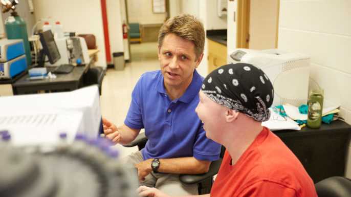 In addition to making new discoveries in the chemistry field, Rob McGaff is a full-time chemistry professor at UWL with several undergraduate research students who help him with various aspects of his green chemistry studies. Here he works with undergraduate student researcher Megan Timmers, who will be a UWL junior this fall.
Read more →
