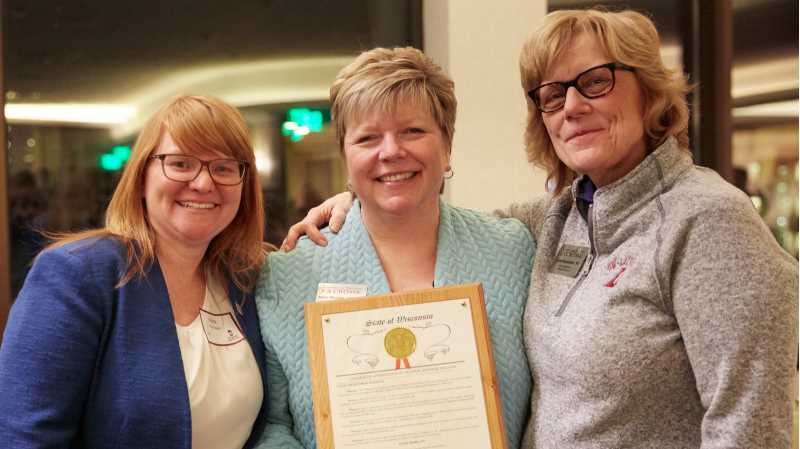 Janie Morgan, center, executive director of the UWL Alumni Association since 1998, was honored for 20 years of “dedication and service” during an annual alumni reception in Madison Wednesday, Feb. 7. Morgan was joined by Kara Pennoyer, ’06, left, chief of staff for Sen. Jennifer Shilling and Alumni Association Board chair-elect, and Linda Kastantin, ’91, current Alumni Association Board chair. 
Read more →
