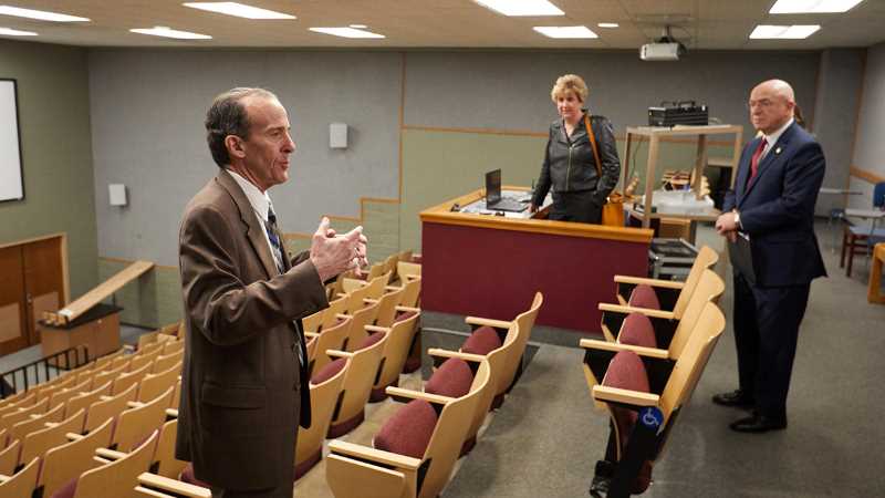 UWL leaders including Bob Hetzel, UWL vice chancellor for Administration and Finance, led a tour through UWL’s deteriorating, 1960s-era science building Tuesday. Rooms in Cowley Hall such as this lecture hall were originally constructed for a more passive style of learning through lecturing and are not conducive to today’s active learning classrooms where students learn by doing. Sen. Jennifer Shilling and UW System President Ray Cross, behind Hetzel, were among the community and business leaders present to urge support for Phase II of the Prairie Springs Science Center, which would replace the outdated facility.
Read more →
