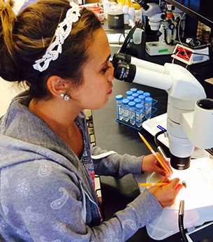 Alexa Aguirre looking through microscope. 