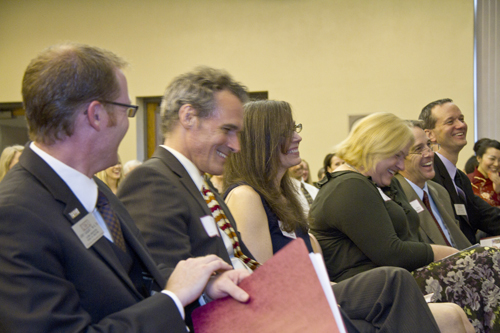 From left, Corey Sjoquist, UW-L assistant director of admissions; UW-L Chancellor Joe Gow; Betsy Valentine, Gow’s wife; Betsy Morgan, interim provost and vice chancellor for academic affairs; Bob Hetzel, vice chancellor for Administration & Finance and Greg Reichert, assistant chancellor for University Advancement.