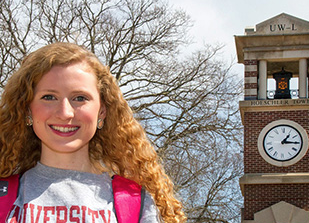 UW-L student Anicka Purath standing in front of the Hoeschler Tower.