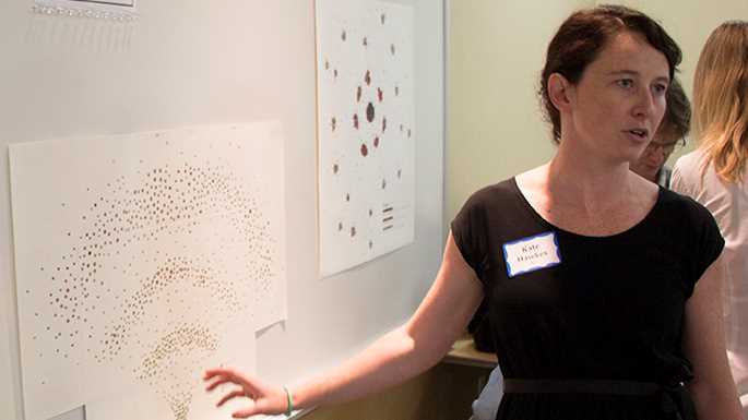 Kate Hawkes, assistant professor of art, shared her visual interpretation of how students in her classes learn during the UWL Conference on Teaching and Learning. A poster with four main sections of diffused dots (foreground) represents students learning in a studio setting where they are concentrating on four different projects and their understanding of each is expanding. The other poster displays a class with course-embedded research and students work together in small groups — clusters of understanding — and then eventually break out, grow and learn alone. “This is how I think of things,” explains Hawkes. “I’m very visual and this helps me understand it.”
Read more →
