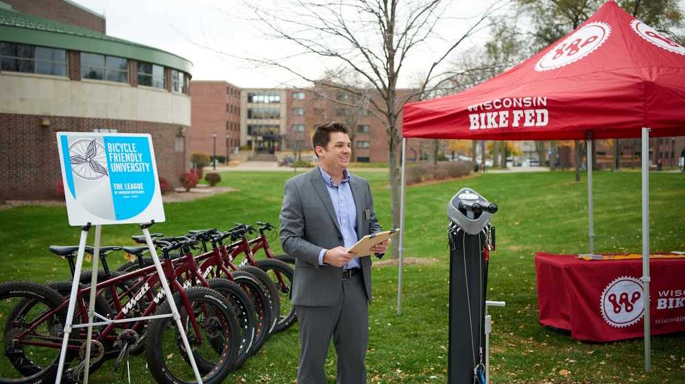History Associate Professor James Longhurst talks about UW-La Crosse receiving the Bronze-Level Bike Friendly University award near one of the bike repair stands installed on campus. 
Read more →
