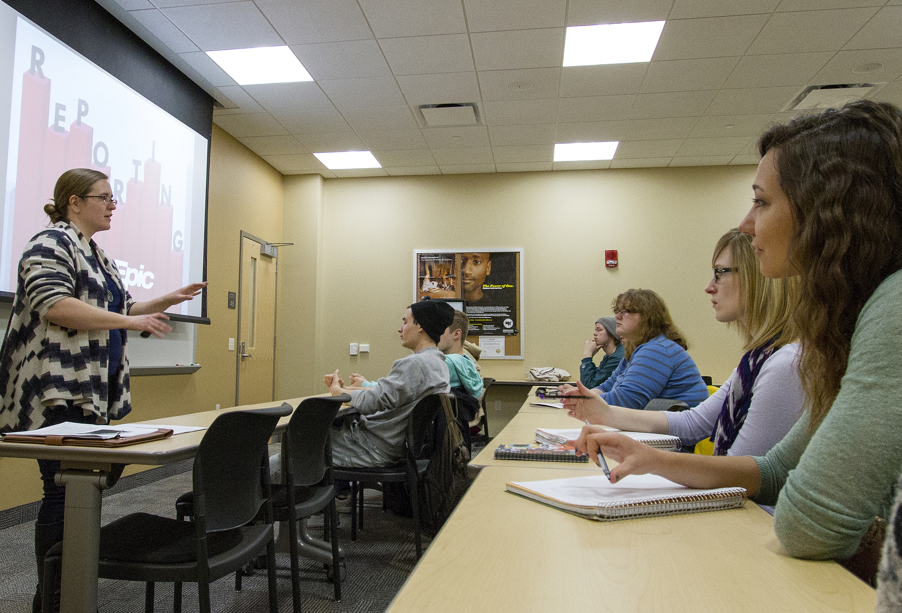 Celia Groff of Epic speaks to a group of UW-L students. 
