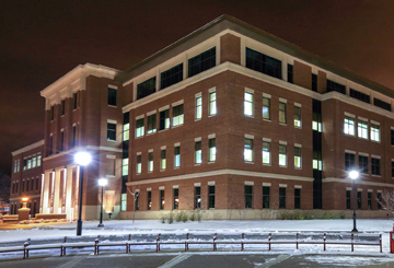 Centennial Hall at night. 