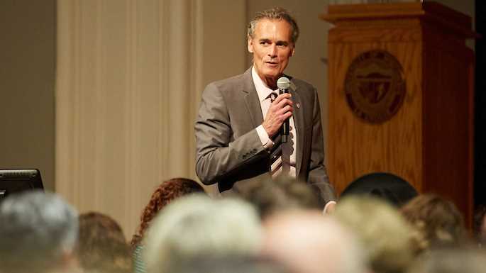 Chancellor Joe Gow during the All-University Address.
Read more →