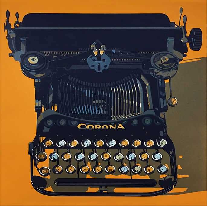 Robert Cottingham’s woodcut of a vintage Corona Typewriter set against a luminous orange background with earth-tone shadows, recalls memories of working before the advent of the computer. “Corona, 2015” is also a link to the development of the printing press and moveable type-inventions that changed history but are no longer cutting edge technology.
Read more →
