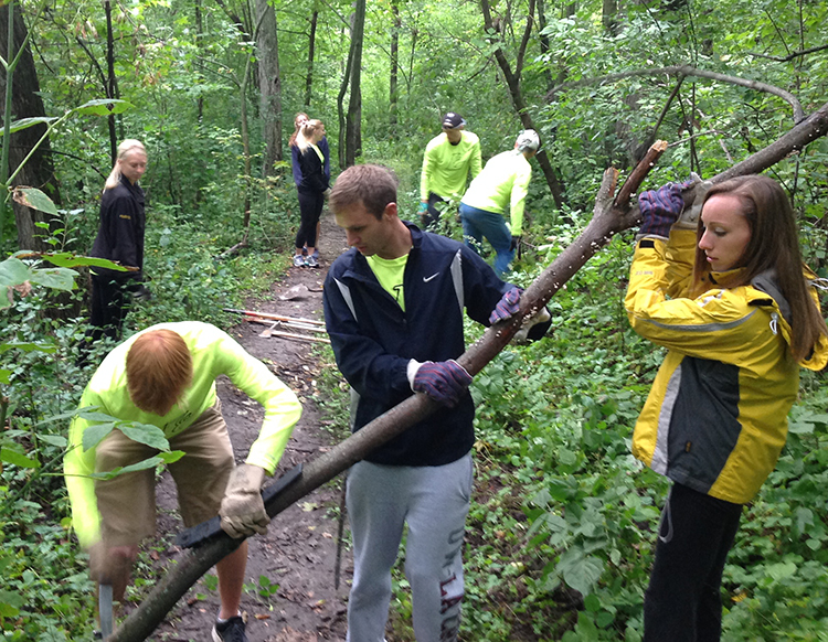 Image of cross country team members moving tree branches on a Hixon Forest Trail. 