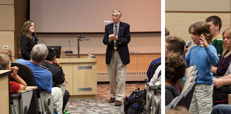 DLS Two photos: Lecturer at podium. Young child asking question.