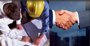 Image of shaking hands. Two men looking at contruction papers. 