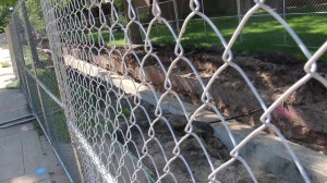 A trench near the center of campus where crews are  installing utility connections