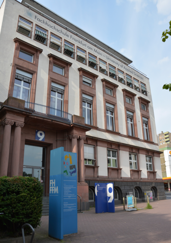 Image of the outside of a building with name at the top - Frankfurt University of Applied Science.